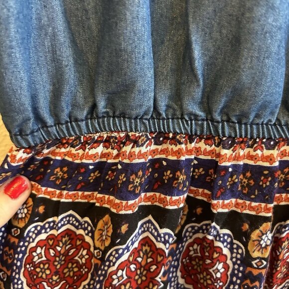 Speed Control 1x Denim Floral Shirt Dress midi Sleeveless Batik Boho Farmhouse - Picture 8 of 11